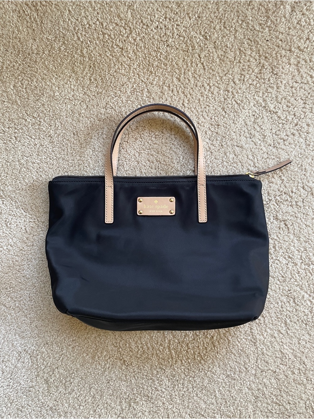 kate spade Black Nylon Tote with Neutral Leather Handles and Gold Plaque
